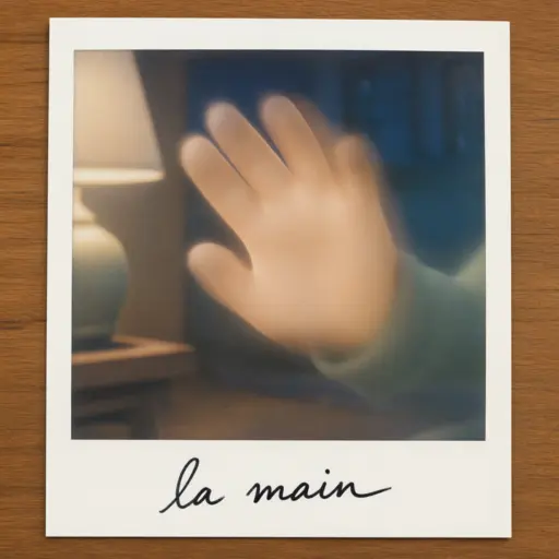 Polaroid of a human hand pinned to the wall, waving in the dim light